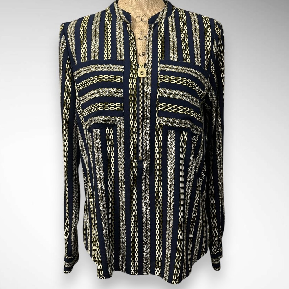 MICHAEL KORS Navy Blue Gold Chain Print Zipper Front Long Sleeve Blouse | EUC